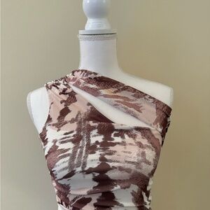 One-Shoulder Brown & Cream Print Dress